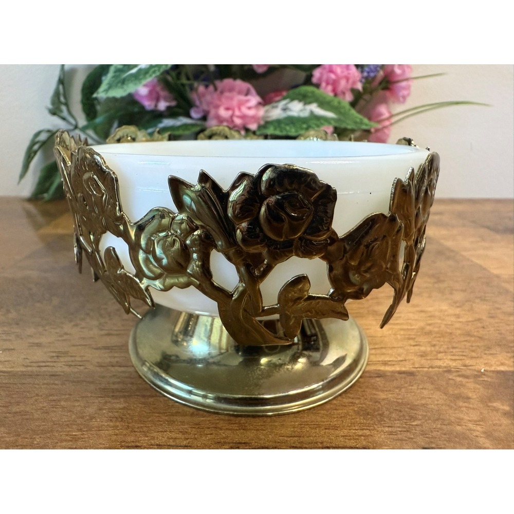 Vintage Milk Glass Bowl with Gold-Tone Floral Metal Overlay Pedestal Base Vanity